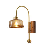Mid Century Vintage Brass Wall Sconce with Water Ripple Glass Shade and Walnut Wood Base