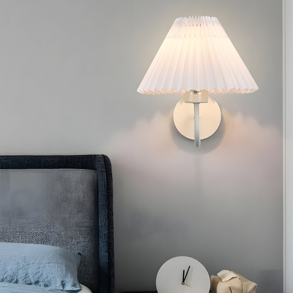 Mid Century Vintage Pleated Fabric Shade Wall Sconce with Dimmable LED Light and Metallic Armed Base