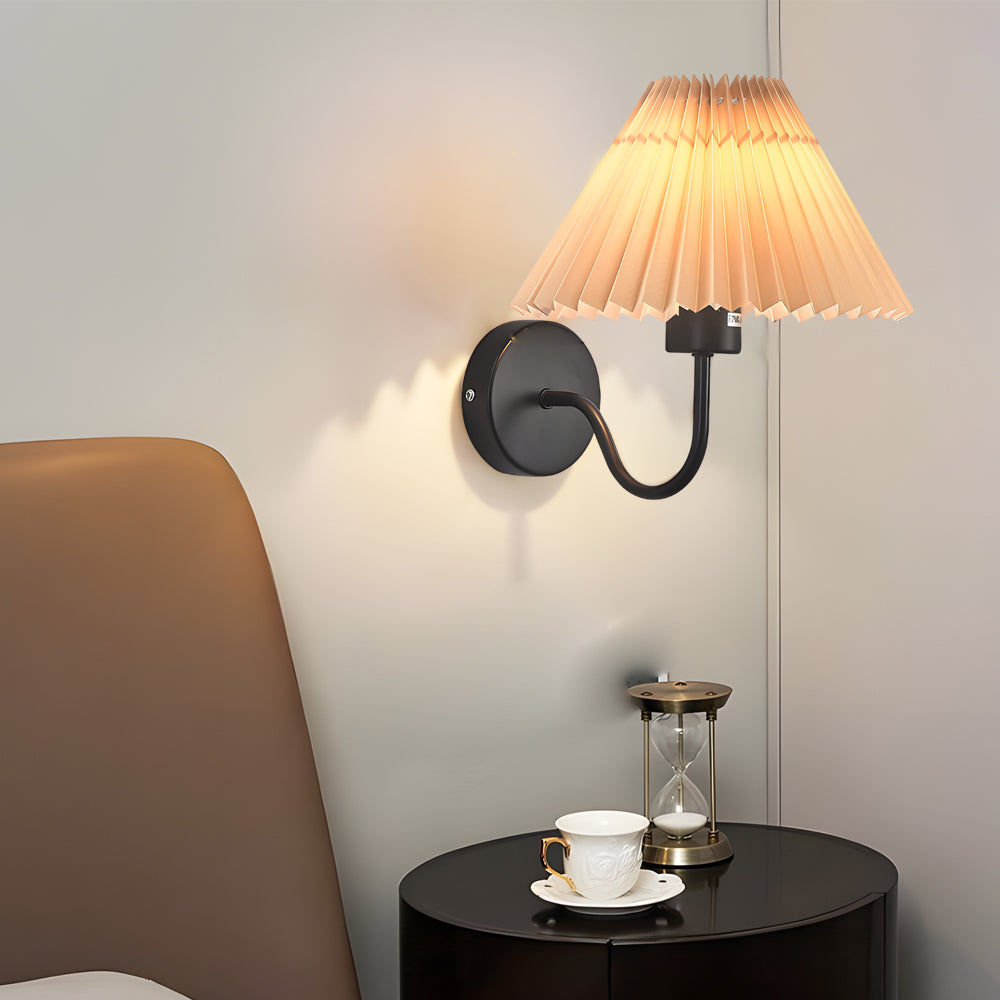 Mid Century Vintage Pleated Fabric Shade Wall Sconce with Dimmable LED Light and Metallic Armed Base