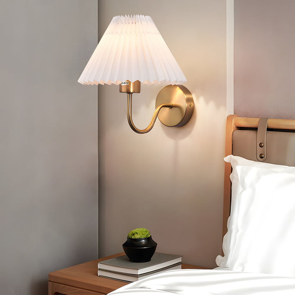 Mid Century Vintage Pleated Fabric Shade Wall Sconce with Dimmable LED Light and Metallic Armed Base