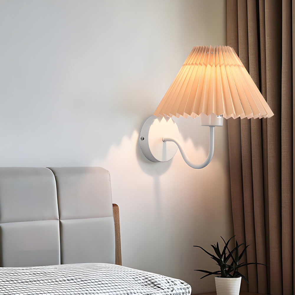 Mid Century Vintage Pleated Fabric Shade Wall Sconce with Dimmable LED Light and Metallic Armed Base