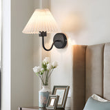 Mid Century Vintage Pleated Fabric Shade Wall Sconce with Dimmable LED Light and Metallic Armed Base