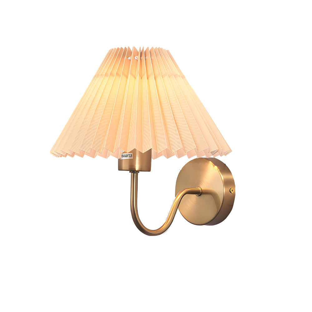 Mid Century Vintage Pleated Fabric Shade Wall Sconce with Dimmable LED Light and Metallic Armed Base