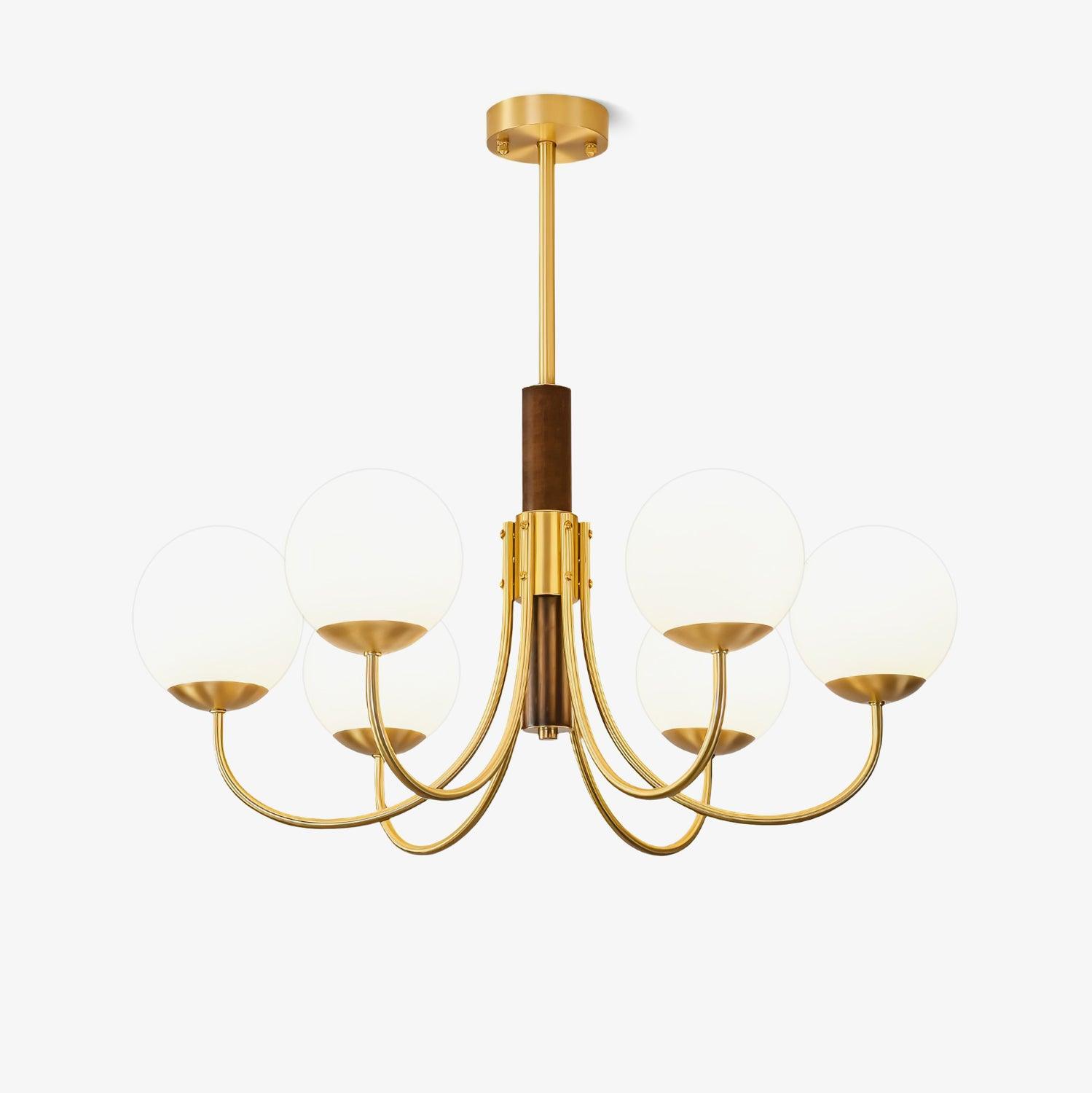 Mid Century Walnut Wood and Brass Sphere Chandelier with Glass Globe Shades