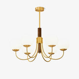Mid Century Walnut Wood and Brass Sphere Chandelier with Glass Globe Shades