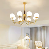 Mid Century Walnut Wood and Brass Sphere Chandelier with Glass Globe Shades