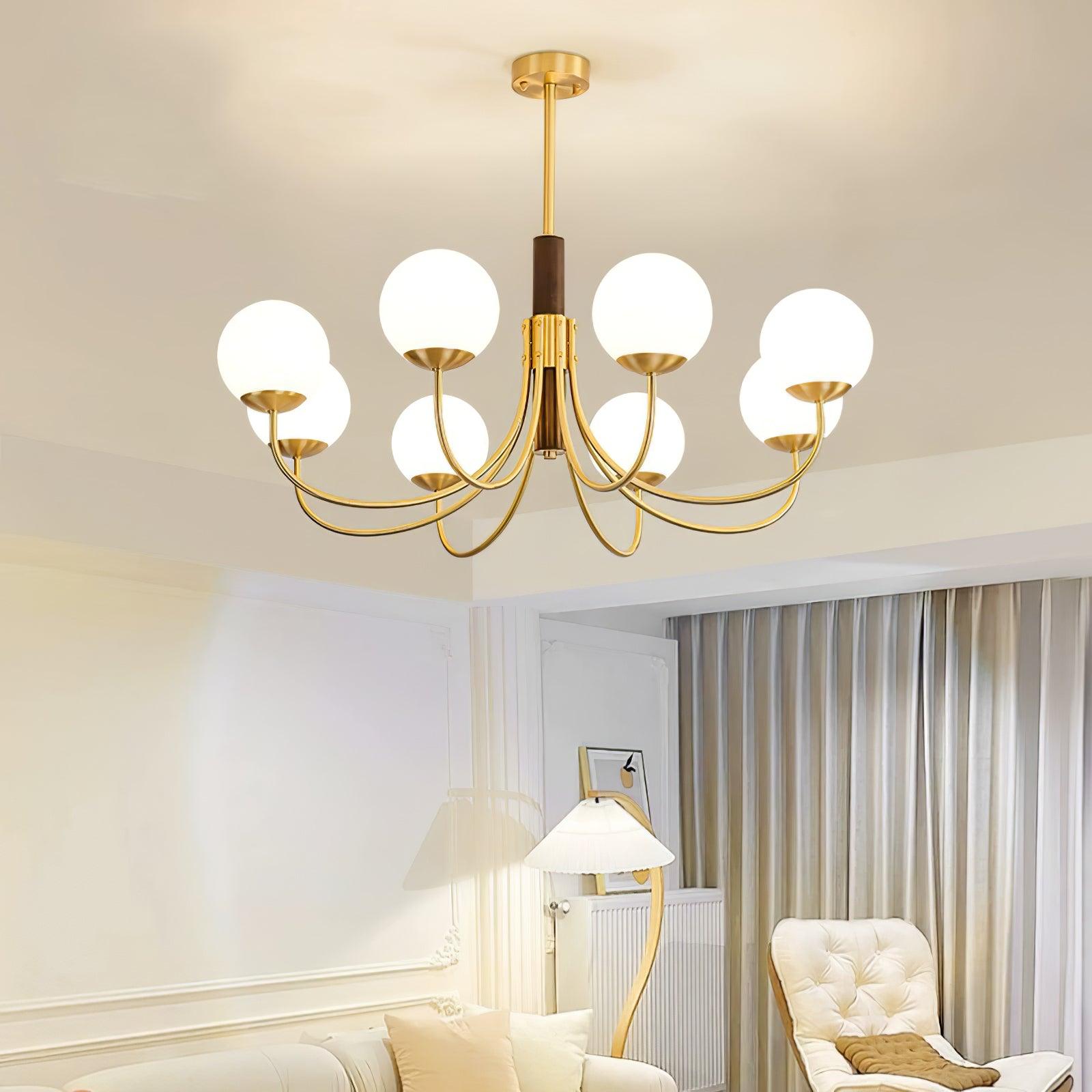 Mid Century Walnut Wood and Brass Sphere Chandelier with Glass Globe Shades