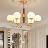 Mid Century Walnut Wood and Brass Sphere Chandelier with Glass Globe Shades