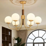 Mid Century Walnut Wood and Brass Sphere Chandelier with Glass Globe Shades