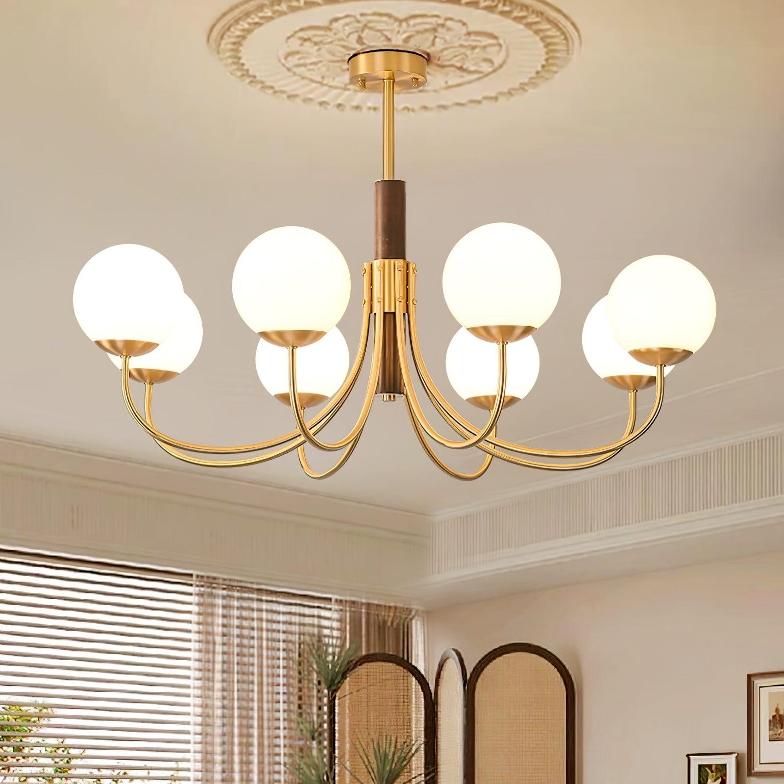 Mid Century Walnut Wood and Brass Sphere Chandelier with Glass Globe Shades