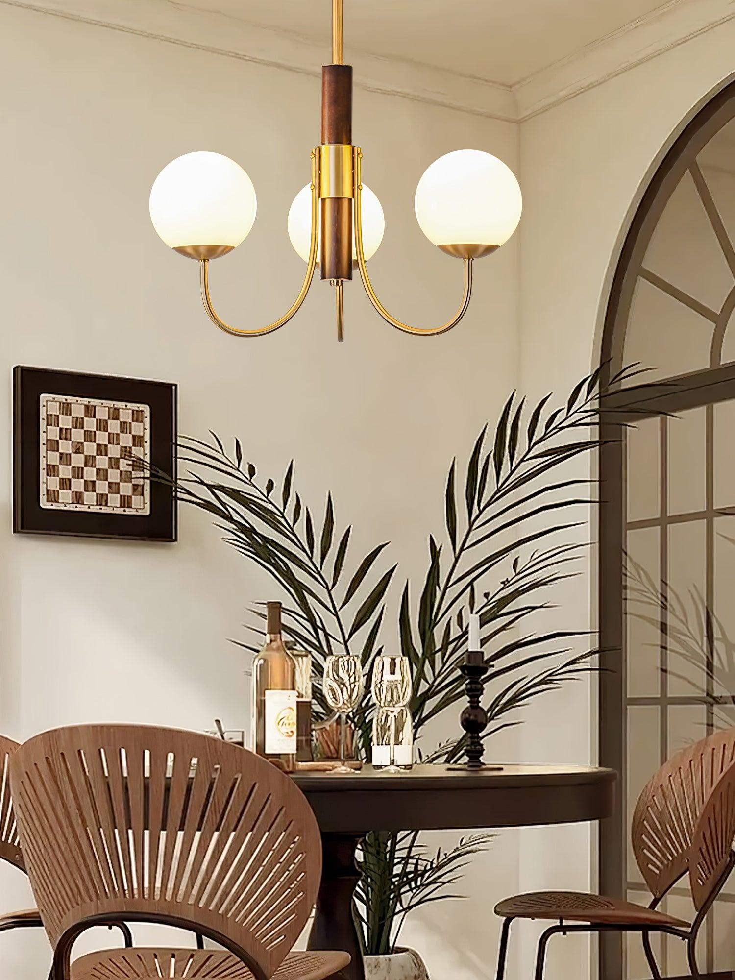 Mid Century Walnut Wood and Brass Sphere Chandelier with Glass Globe Shades