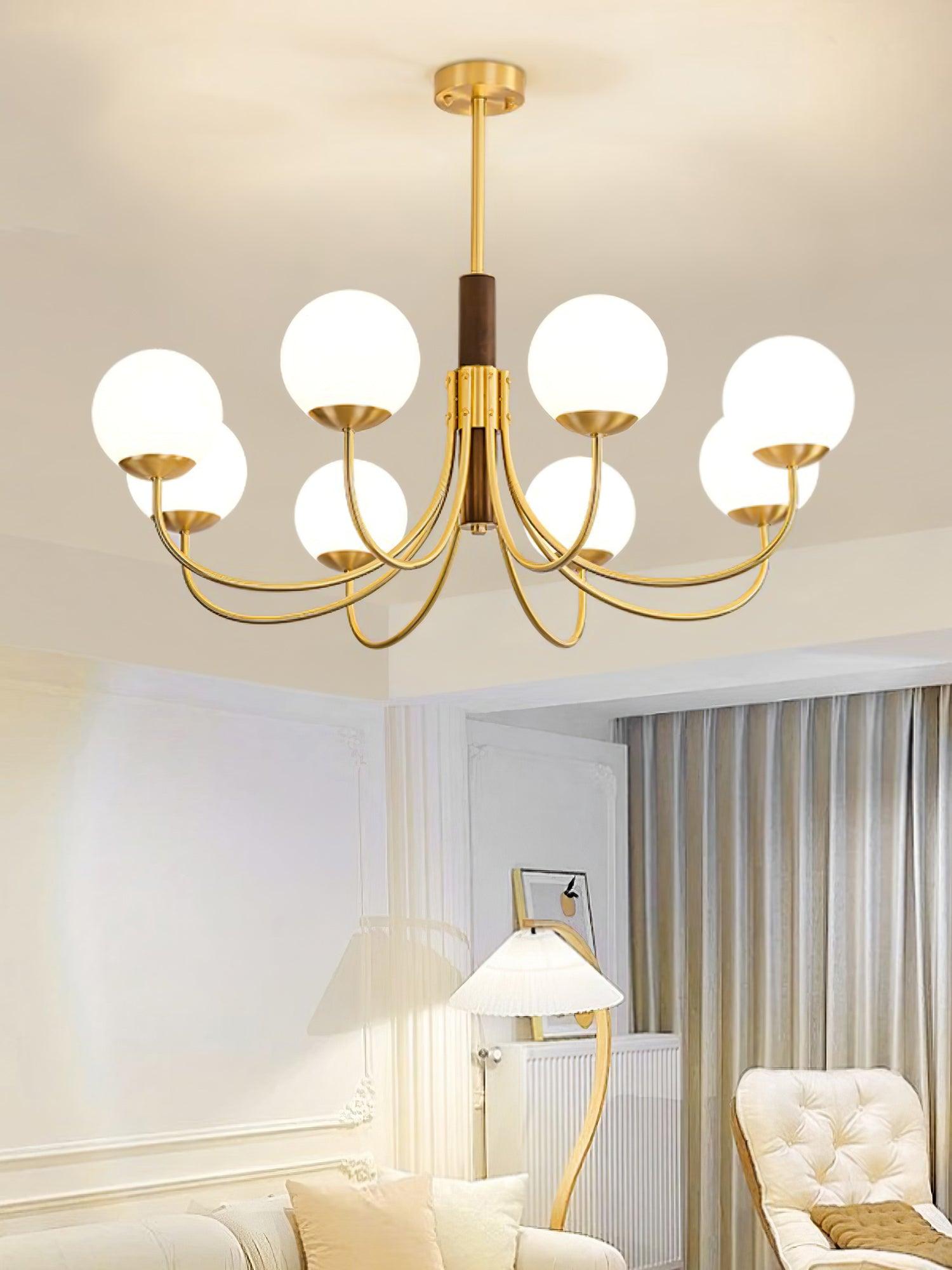 Mid Century Walnut Wood and Brass Sphere Chandelier with Glass Globe Shades