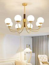 Mid Century Walnut Wood and Brass Sphere Chandelier with Glass Globe Shades