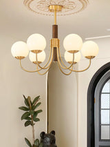 Mid Century Walnut Wood and Brass Sphere Chandelier with Glass Globe Shades