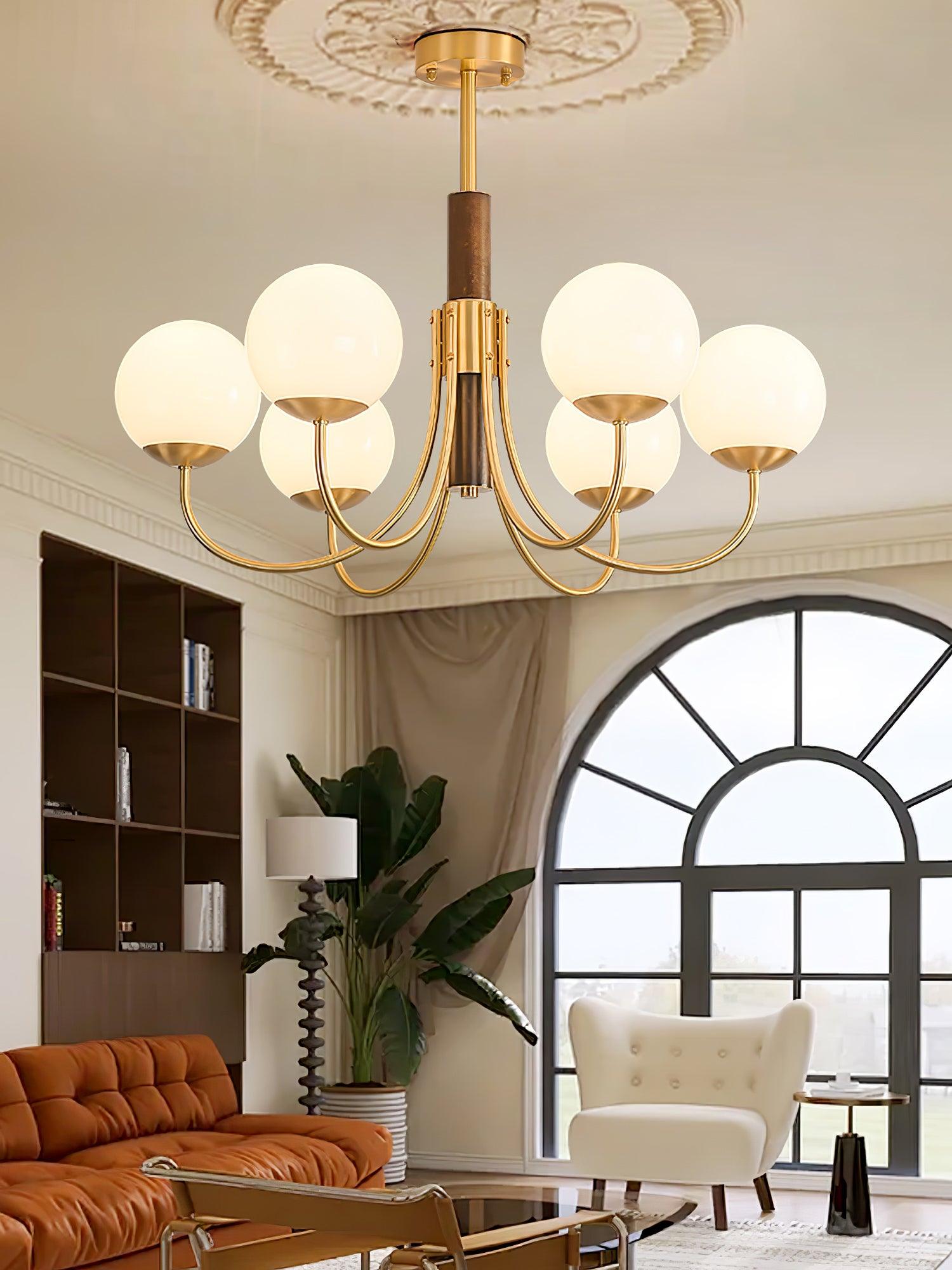 Mid Century Walnut Wood and Brass Sphere Chandelier with Glass Globe Shades