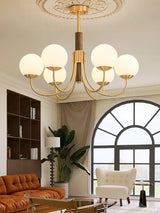 Mid Century Walnut Wood and Brass Sphere Chandelier with Glass Globe Shades