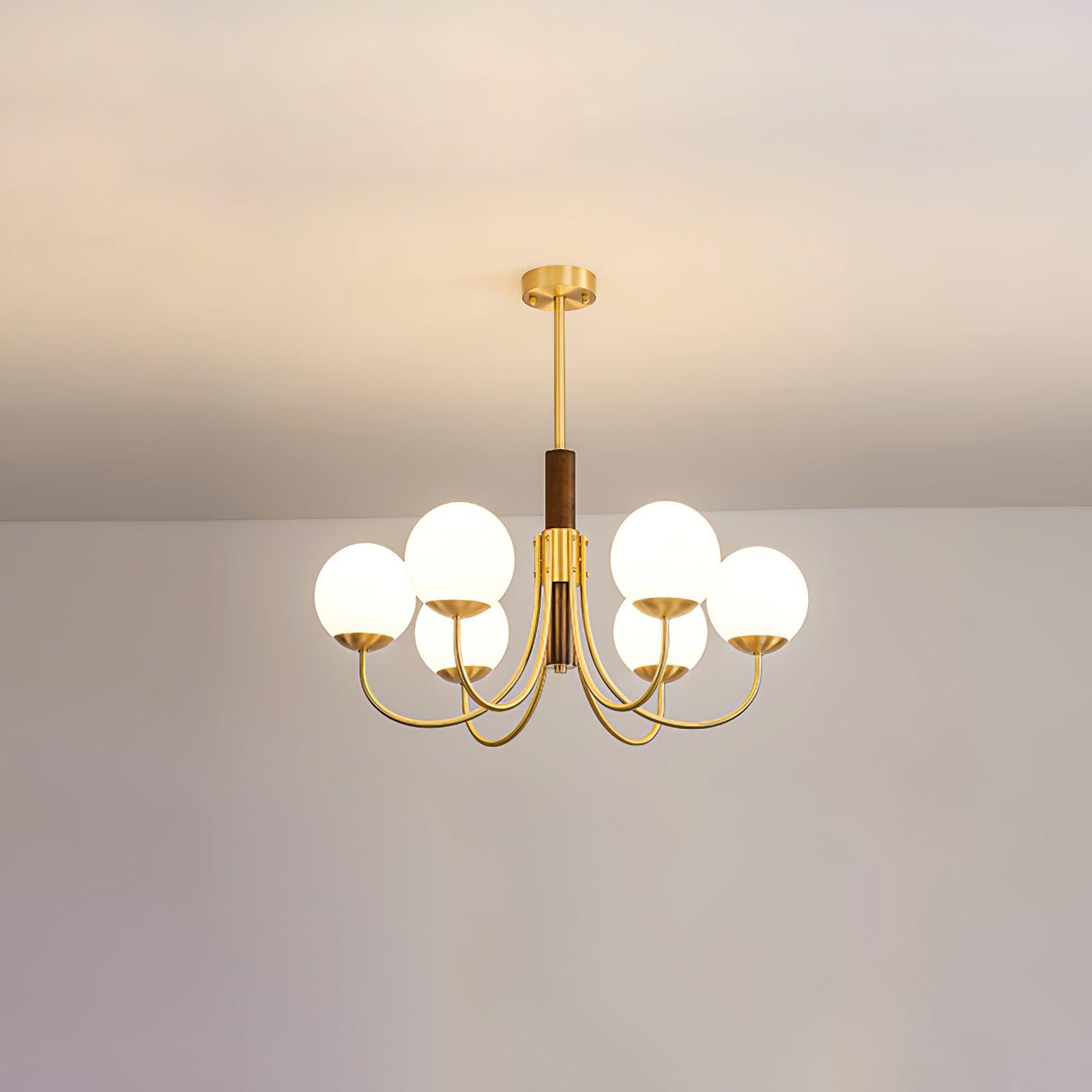 Mid Century Walnut Wood and Brass Sphere Chandelier with Glass Globe Shades