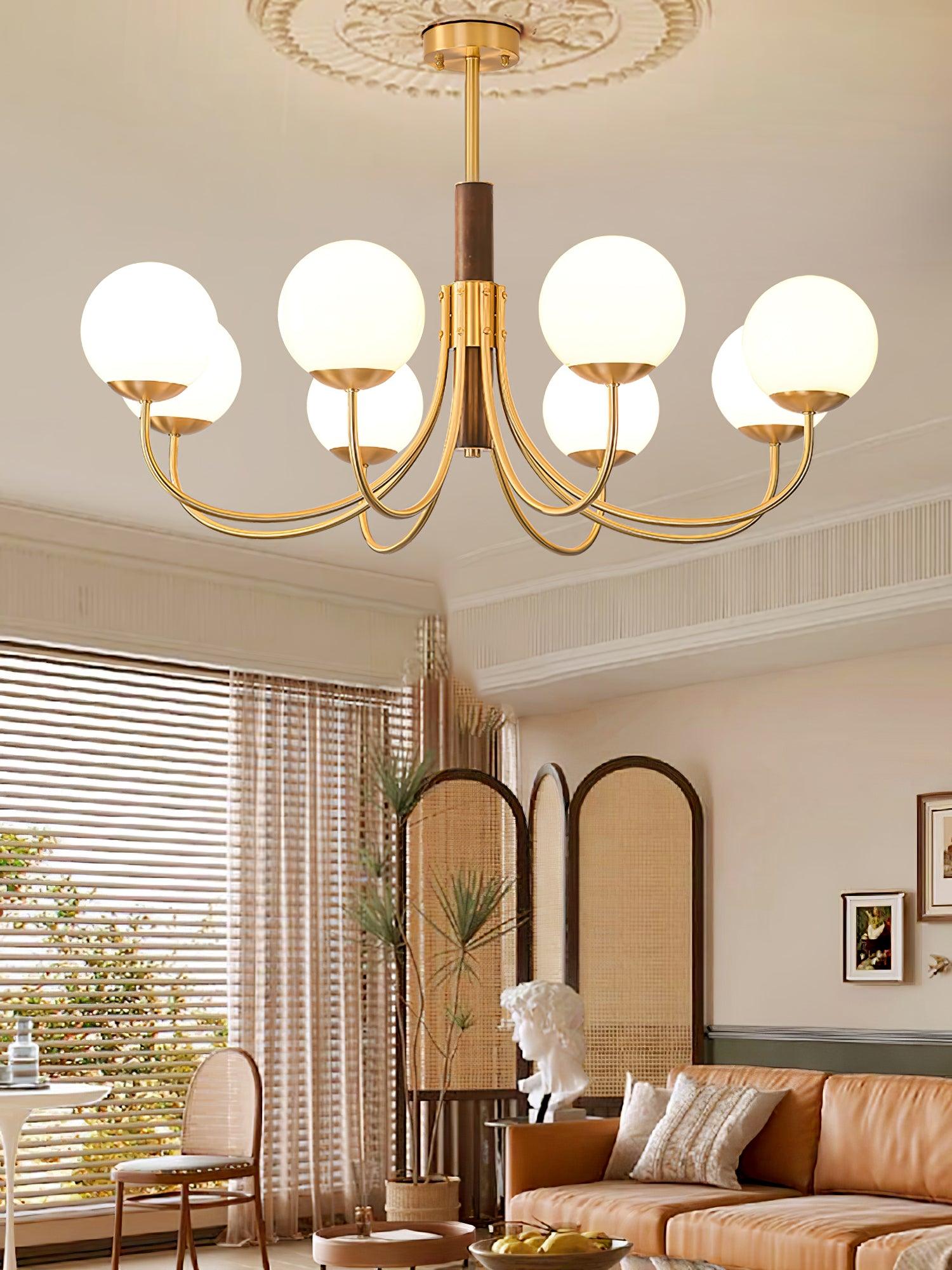 Mid Century Walnut Wood and Brass Sphere Chandelier with Glass Globe Shades