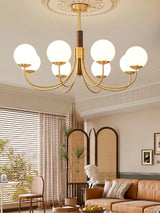 Mid Century Walnut Wood and Brass Sphere Chandelier with Glass Globe Shades