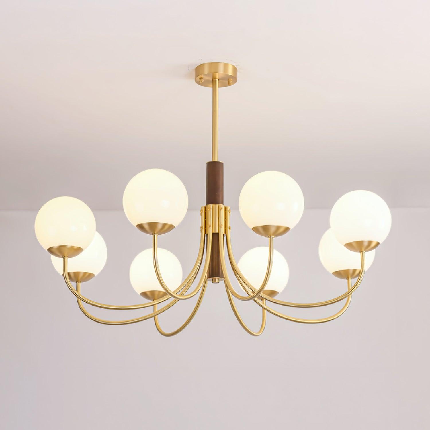 Mid Century Walnut Wood and Brass Sphere Chandelier with Glass Globe Shades