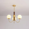 Mid Century Walnut Wood and Brass Sphere Chandelier with Glass Globe Shades
