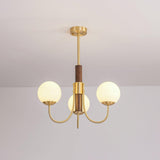 Mid Century Walnut Wood and Brass Sphere Chandelier with Glass Globe Shades