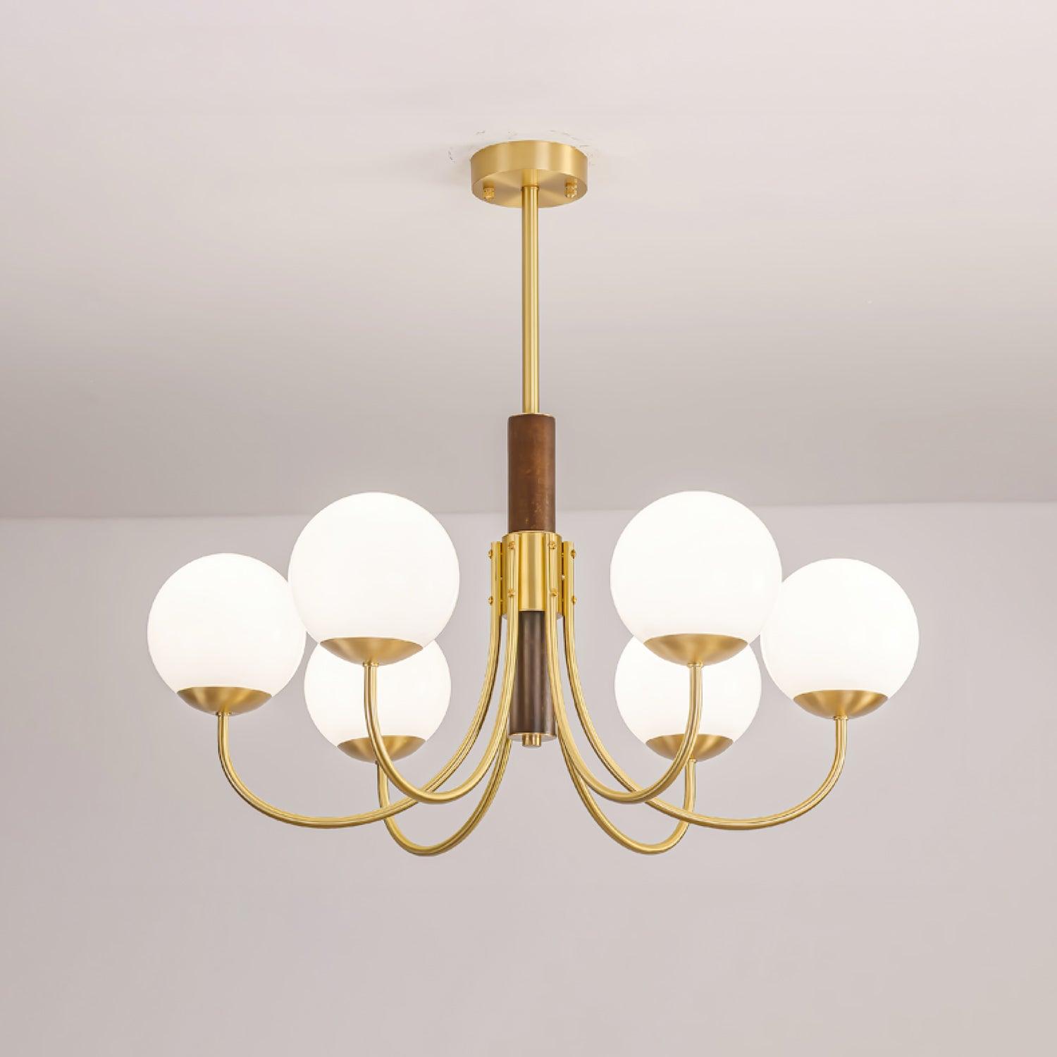 Mid Century Walnut Wood and Brass Sphere Chandelier with Glass Globe Shades