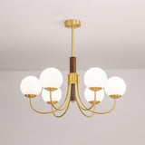 Mid Century Walnut Wood and Brass Sphere Chandelier with Glass Globe Shades