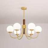 Mid Century Walnut Wood and Brass Sphere Chandelier with Glass Globe Shades