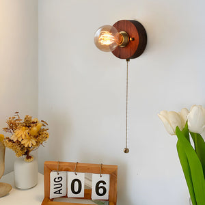 Mid Century Walnut Wood Wall Lamp with Pull Chain Switch for Bedside and Bedroom Lighting