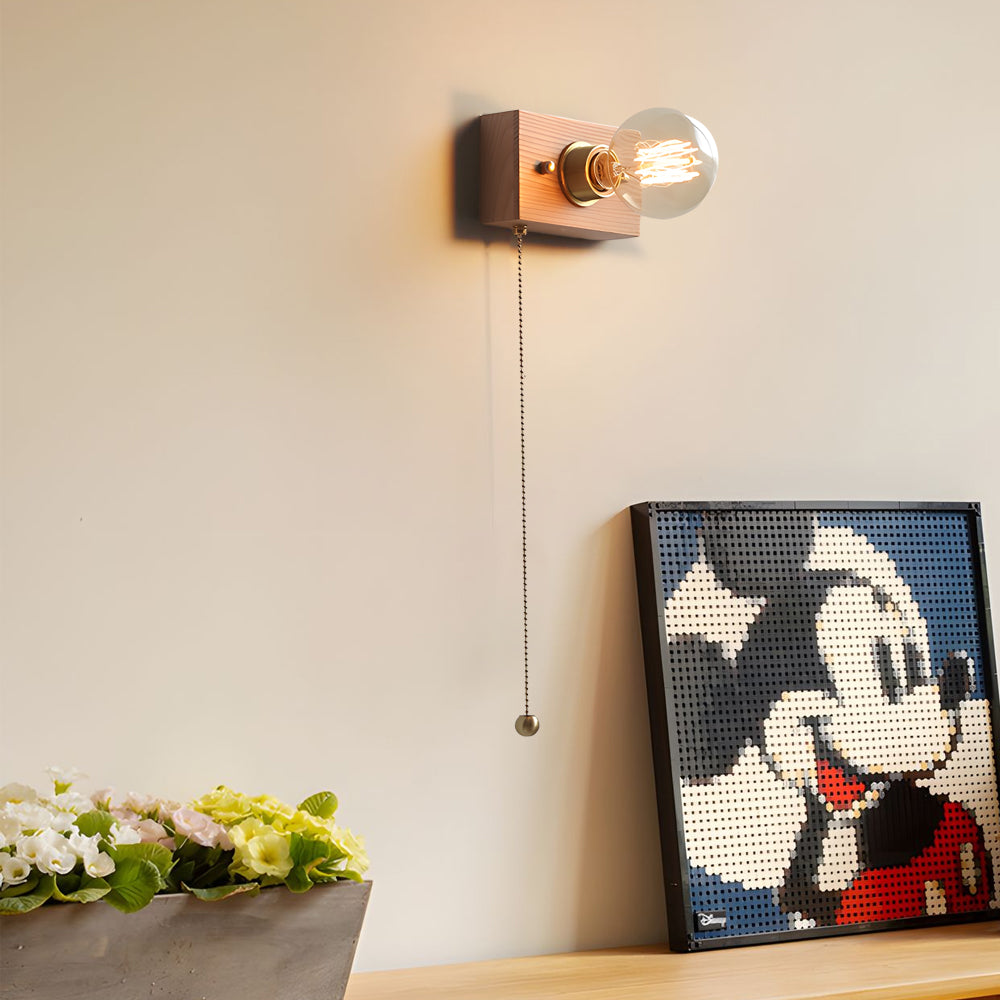 Mid Century Walnut Wood Wall Lamp with Pull Chain Switch for Bedside and Bedroom Lighting