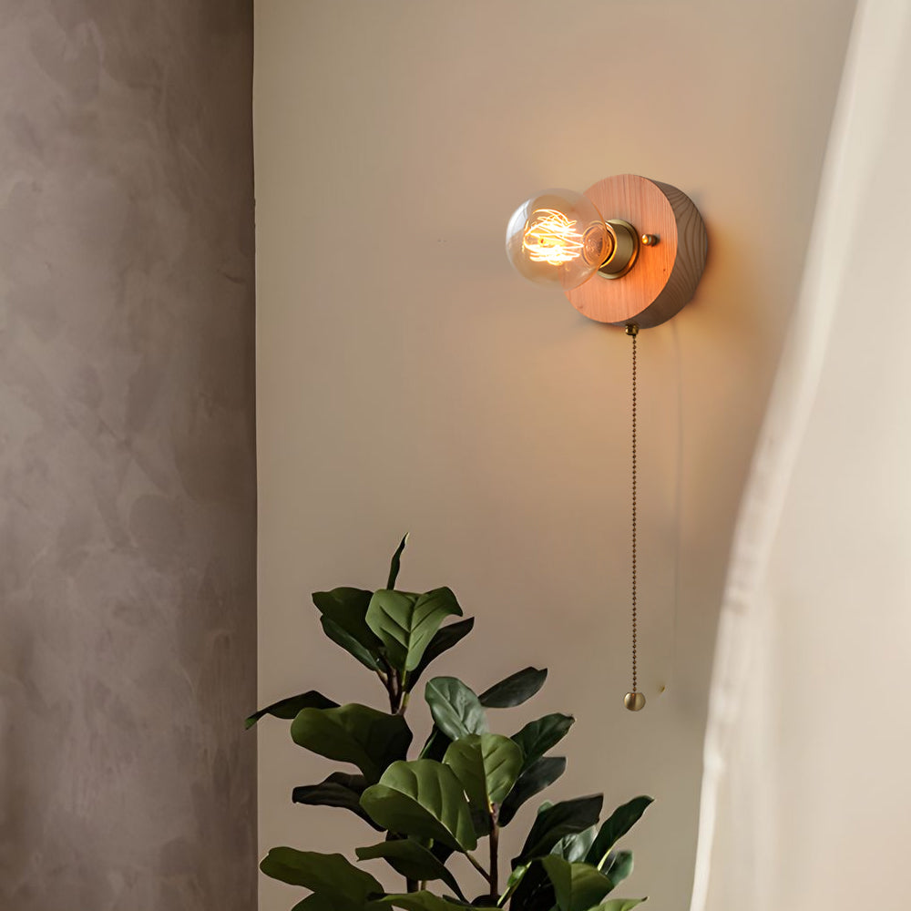 Mid Century Walnut Wood Wall Lamp with Pull Chain Switch for Bedside and Bedroom Lighting