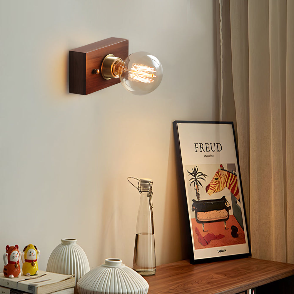 Mid Century Walnut Wood Wall Lamp with Pull Chain Switch for Bedside and Bedroom Lighting