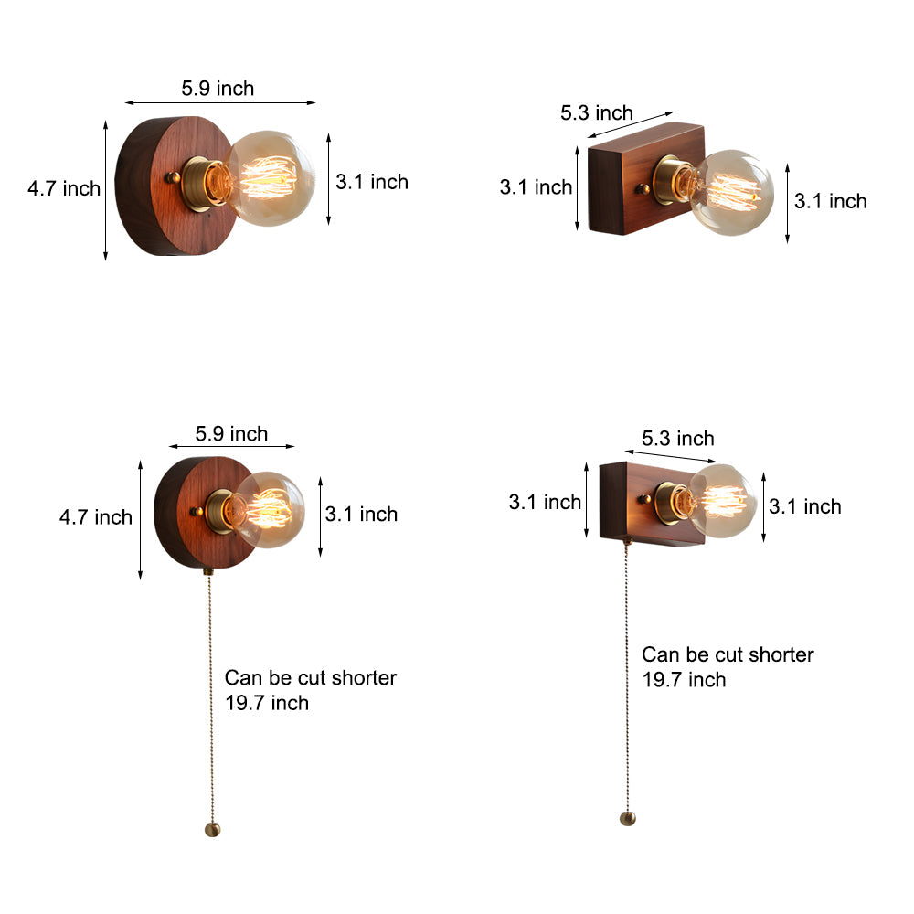 Mid Century Walnut Wood Wall Lamp with Pull Chain Switch for Bedside and Bedroom Lighting