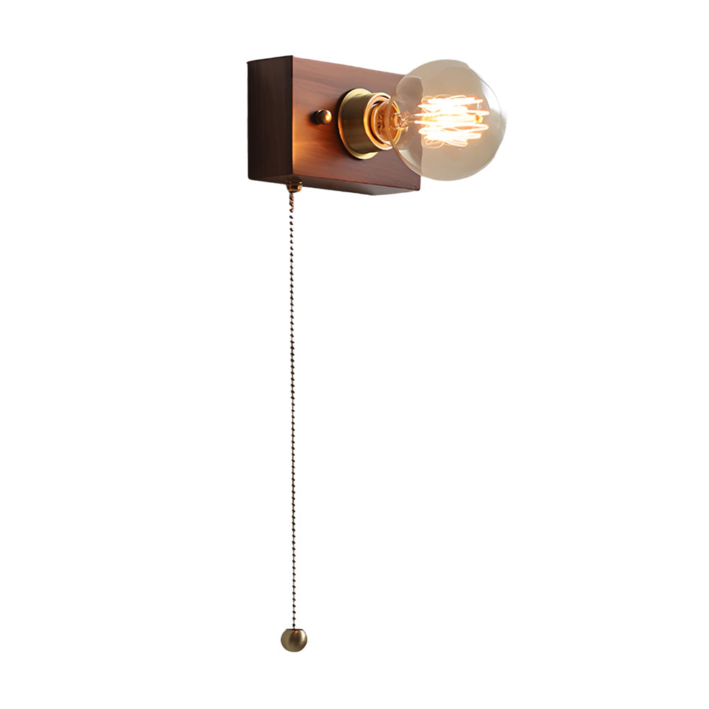 Mid Century Walnut Wood Wall Lamp with Pull Chain Switch for Bedside and Bedroom Lighting
