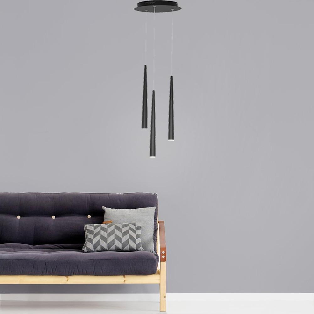 Minimalist 3 Light Modern LED Chandelier with Slim Metal Tubes and Eye Protection Acrylic Shades