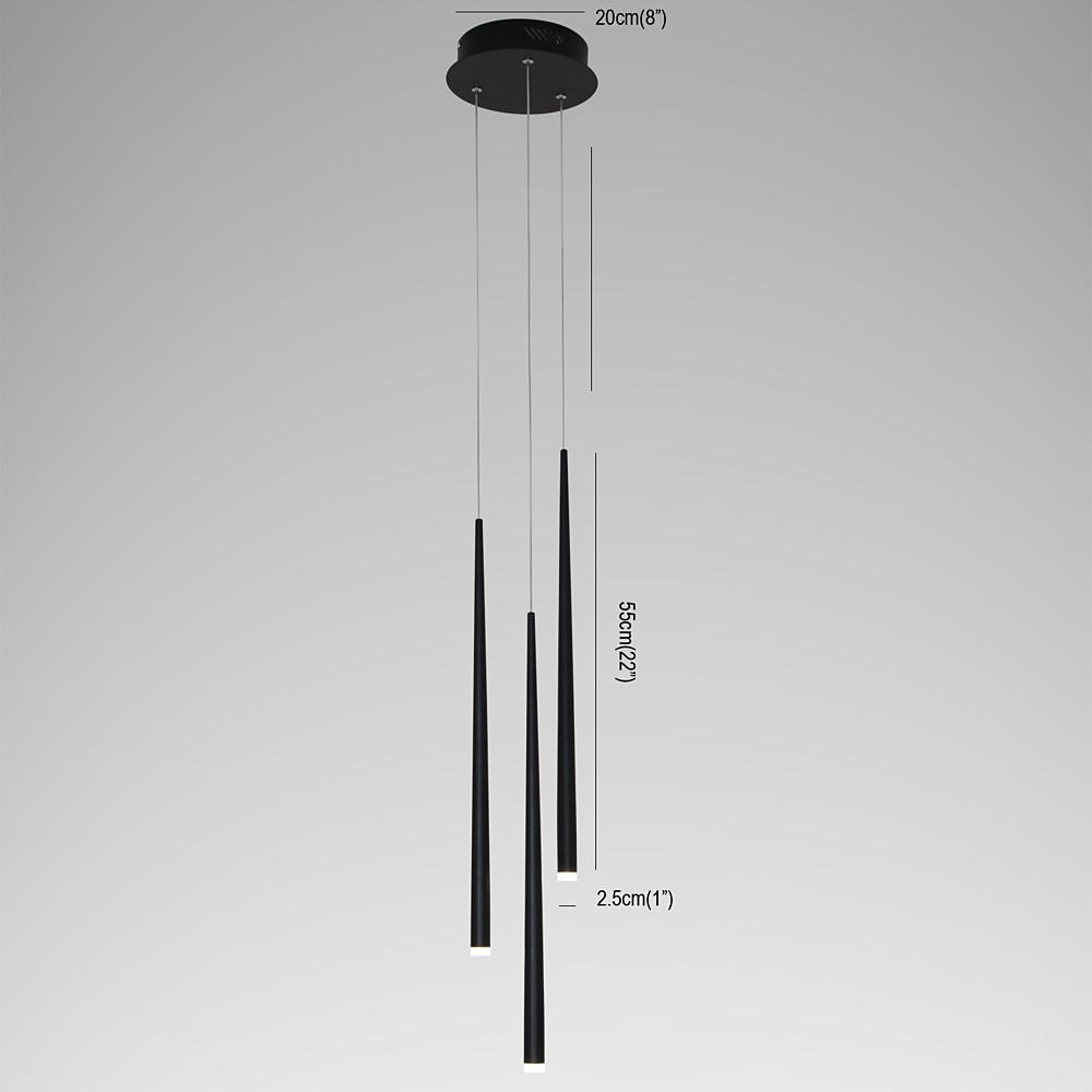 Minimalist 3 Light Modern LED Chandelier with Slim Metal Tubes and Eye Protection Acrylic Shades
