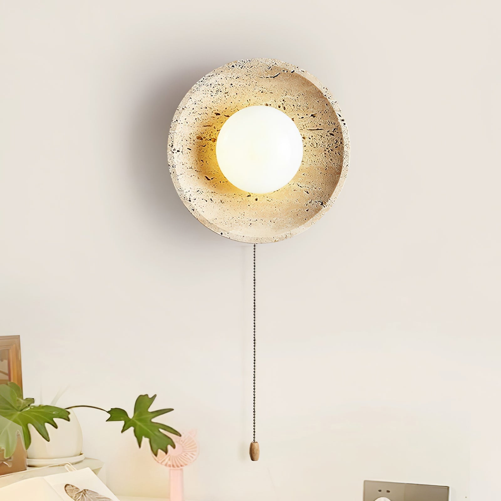 Minimalist Natural Travertine Stone Eclipse Wall Sconce Modern Circular Indoor Light Fixture