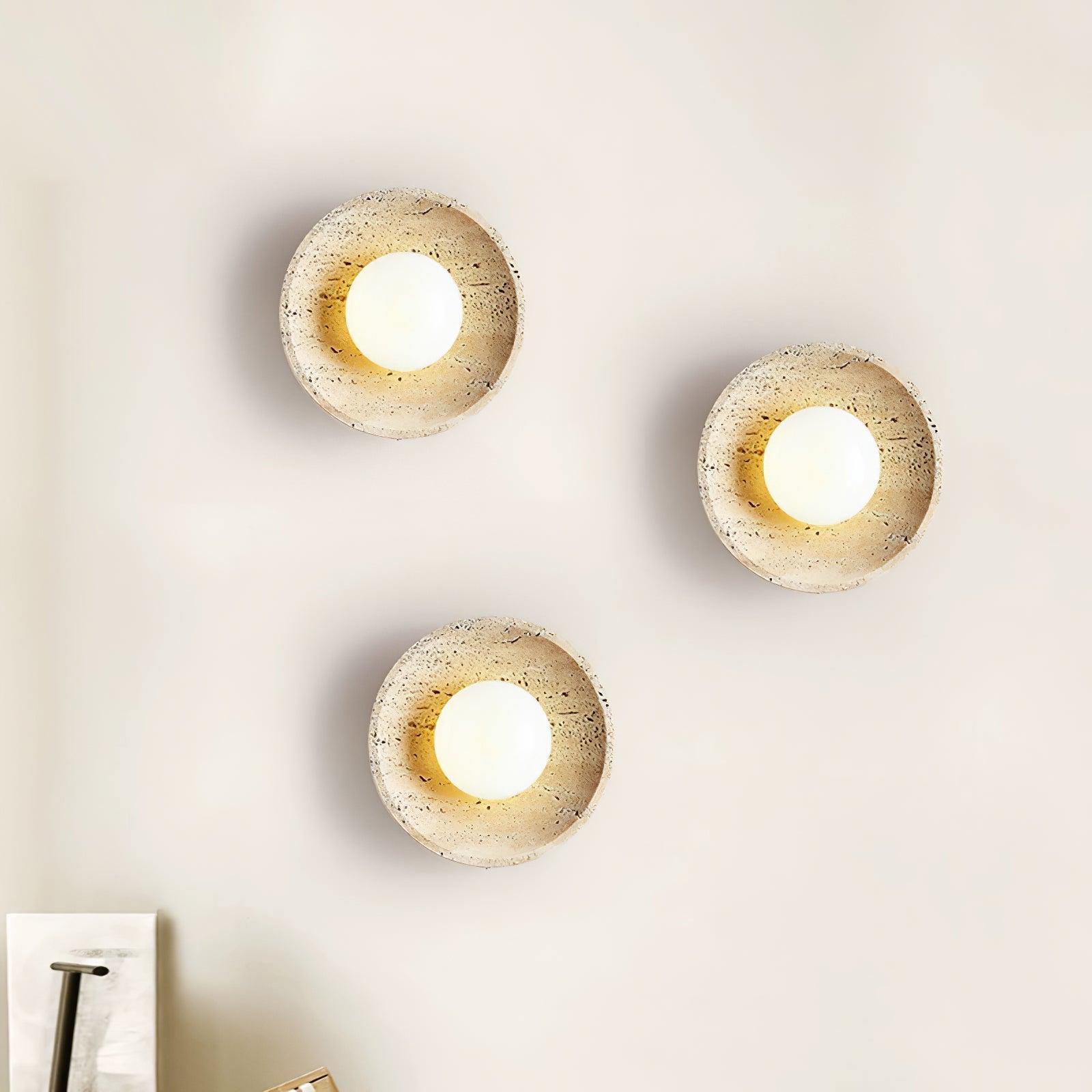 Minimalist Natural Travertine Stone Eclipse Wall Sconce Modern Circular Indoor Light Fixture