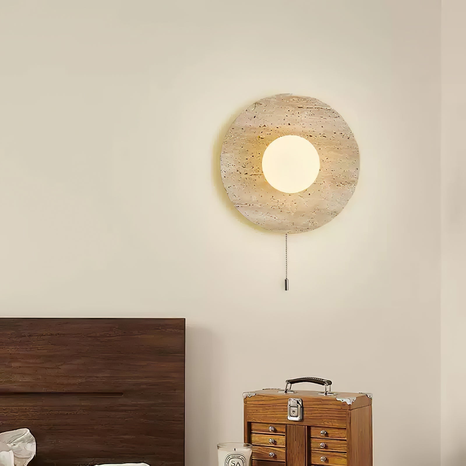 Minimalist Natural Travertine Stone Eclipse Wall Sconce Modern Circular Indoor Light Fixture