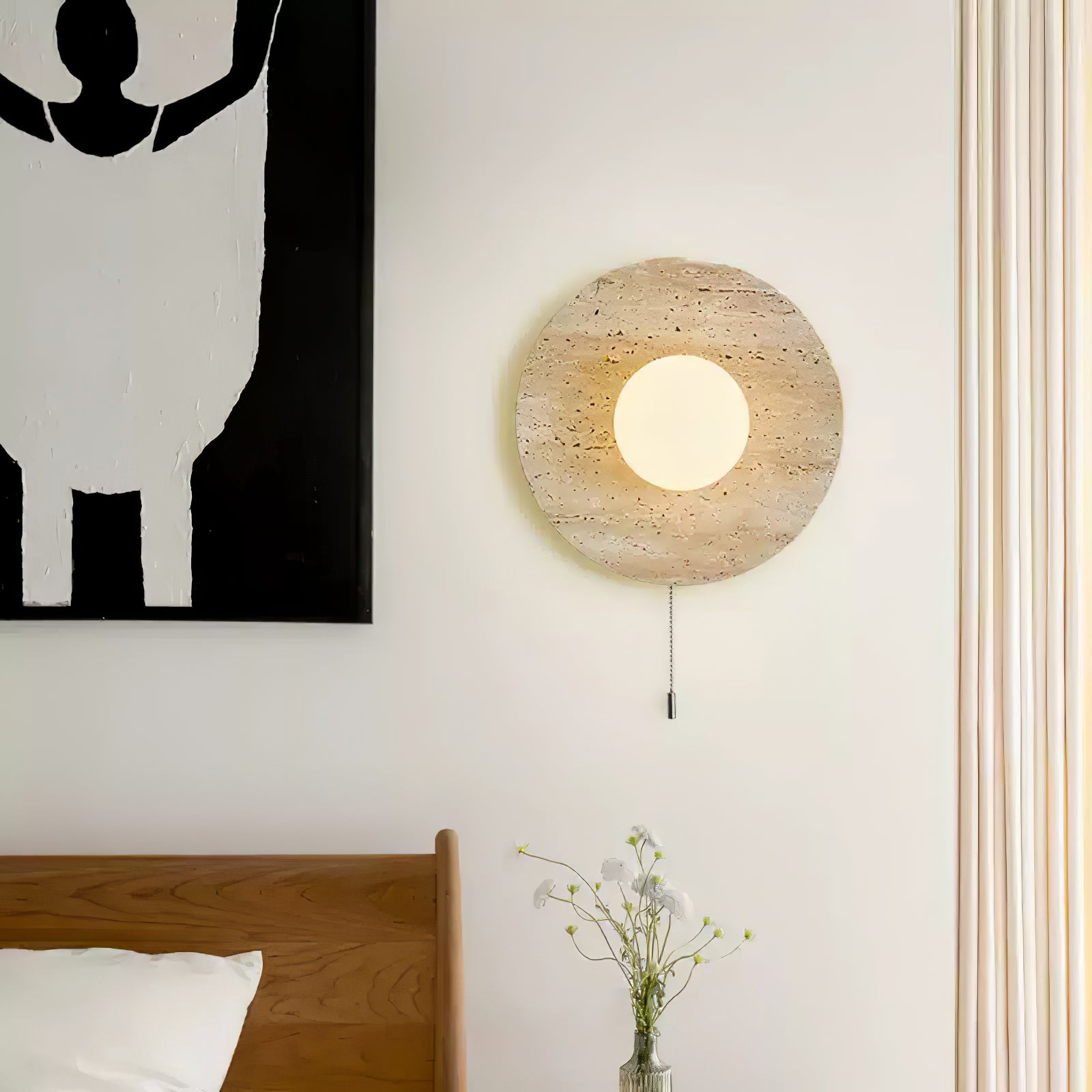 Minimalist Natural Travertine Stone Eclipse Wall Sconce Modern Circular Indoor Light Fixture