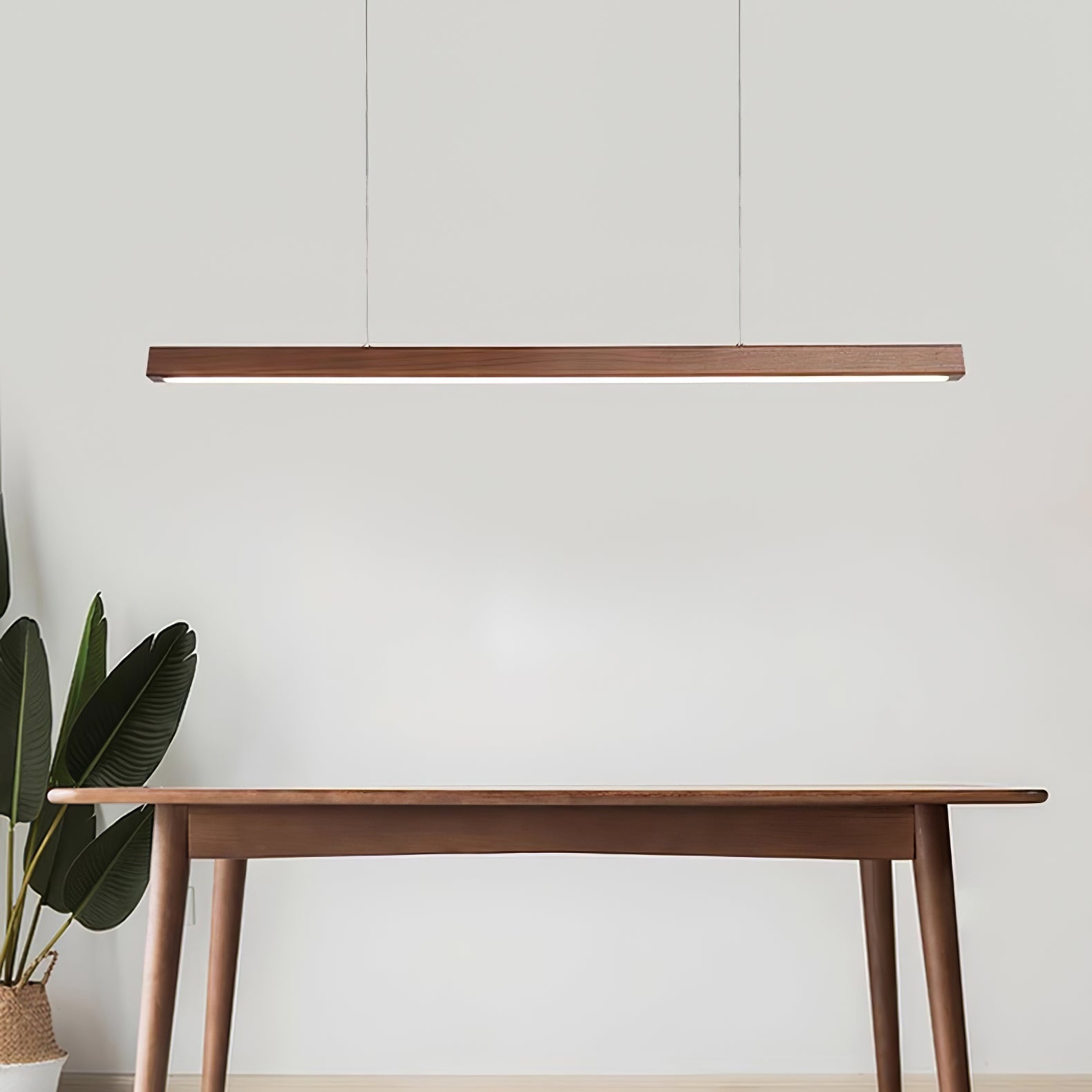 Minimalist Walnut Wood Linear Hanging Light Bar for Office and Dining Area