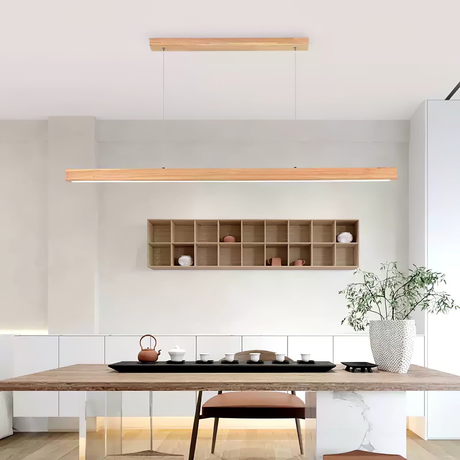 Minimalist Walnut Wood Linear Hanging Light Bar for Office and Dining Area