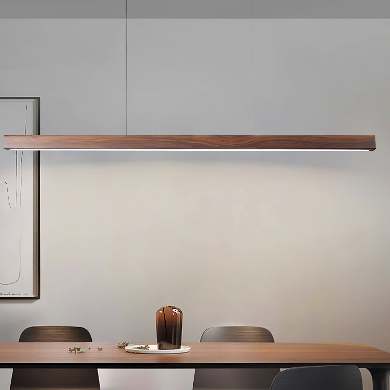 Minimalist Walnut Wood Linear Hanging Light Bar for Office and Dining Area