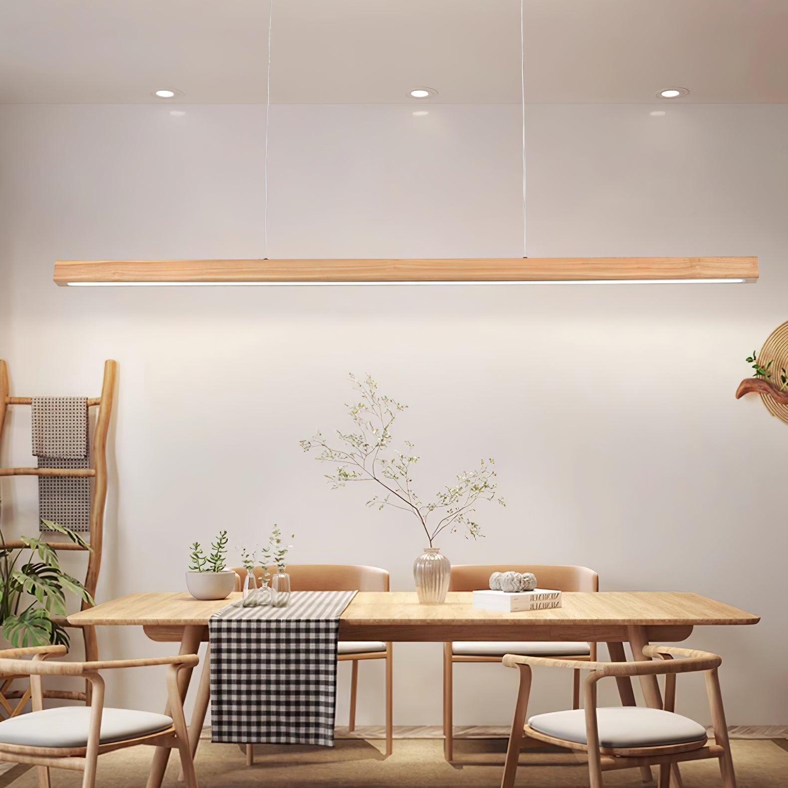 Minimalist Walnut Wood Linear Hanging Light Bar for Office and Dining Area
