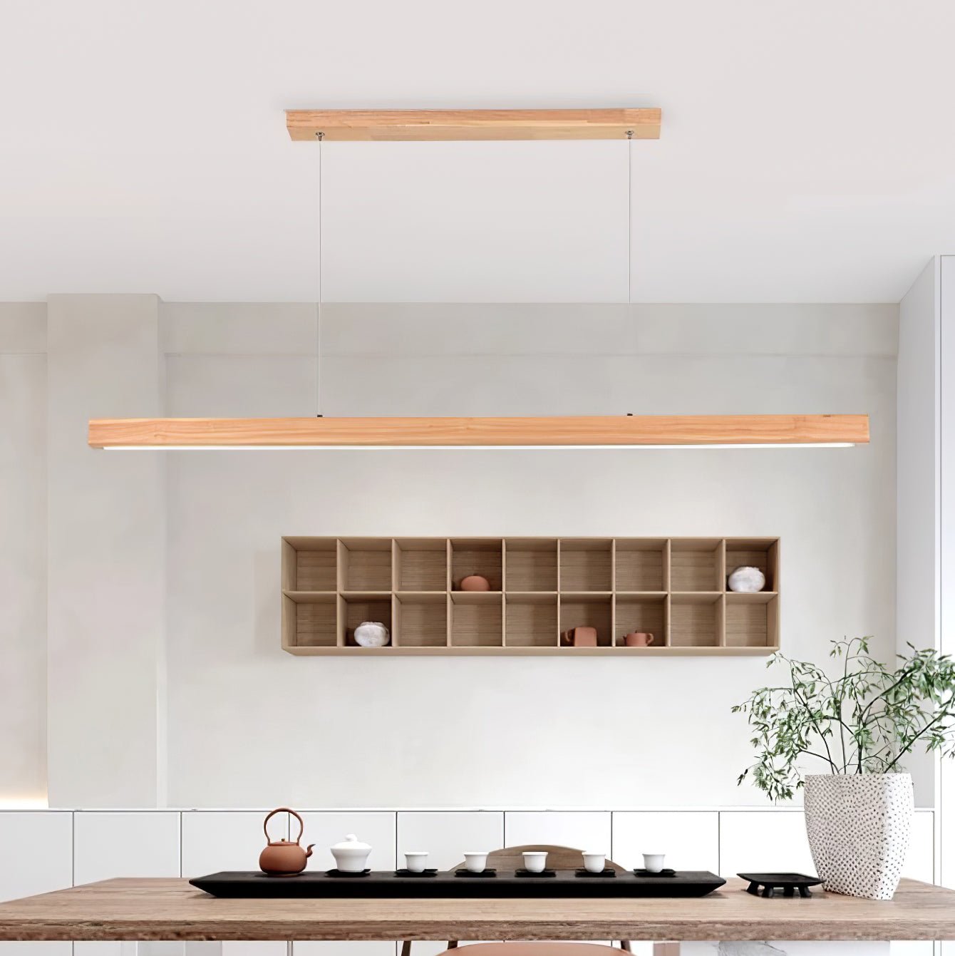 Minimalist Walnut Wood Linear Hanging Light Bar for Office and Dining Area