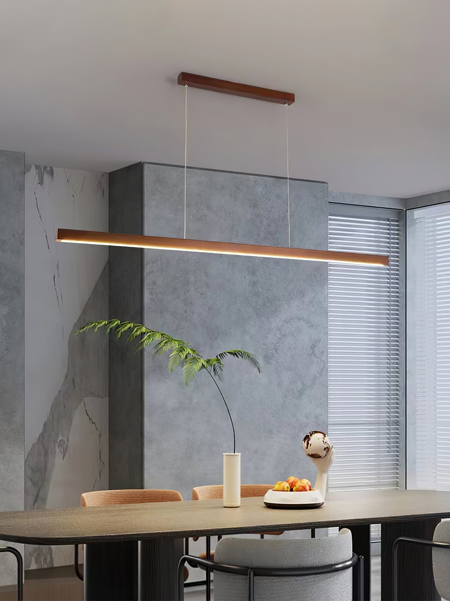 Minimalist Walnut Wood Linear Hanging Light Bar for Office and Dining Area