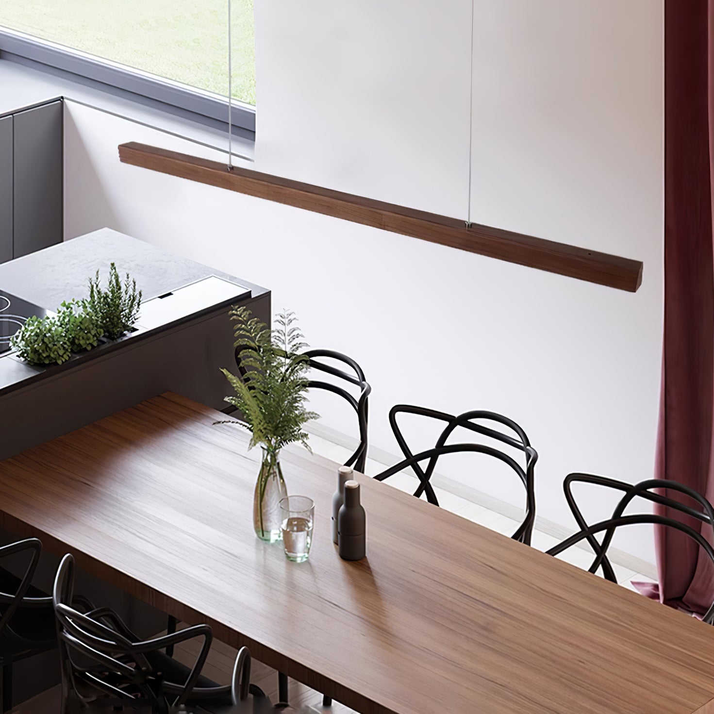 Minimalist Walnut Wood Linear Hanging Light Bar for Office and Dining Area