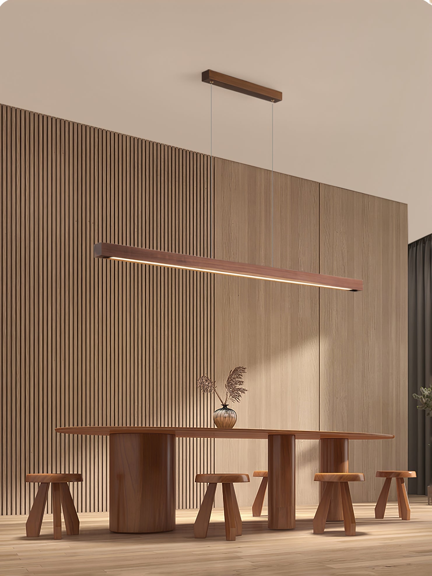 Minimalist Walnut Wood Linear Hanging Light Bar for Office and Dining Area