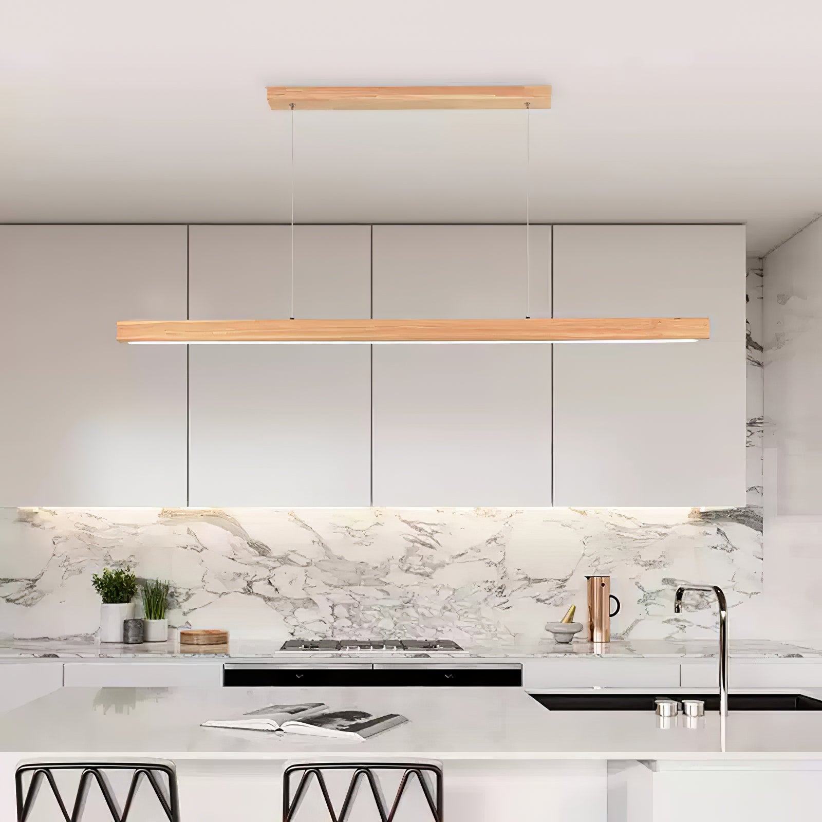 Minimalist Walnut Wood Linear Hanging Light Bar for Office and Dining Area
